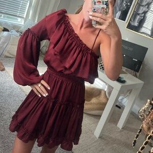 Misa Los Angeles Red One-Shoulder Bell Sleeve Dress (optional strap) barley worn